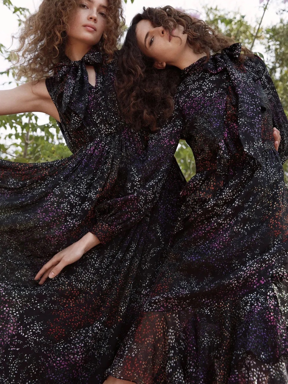 Co collective silk midi dress long sleeve black floral ruffle woman